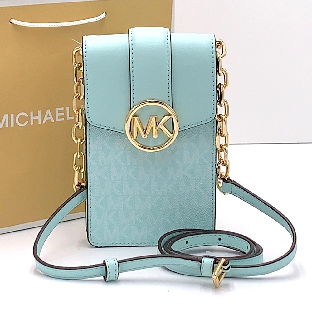 NWT MICHAEL KORS CARMEN SMALL NORTH SOUTH PHONE XBODY FAIR AQUA SIGNATURE COLOR - Picture 2 of 16